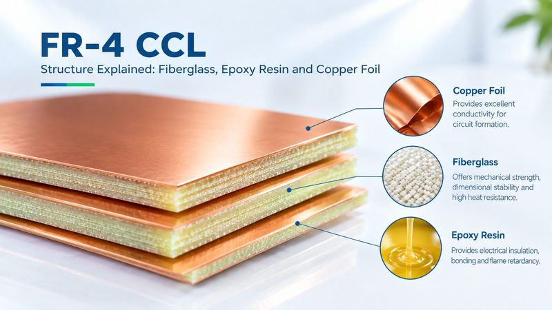 FR-4 CCL structure with fiberglass, epoxy resin and copper foil