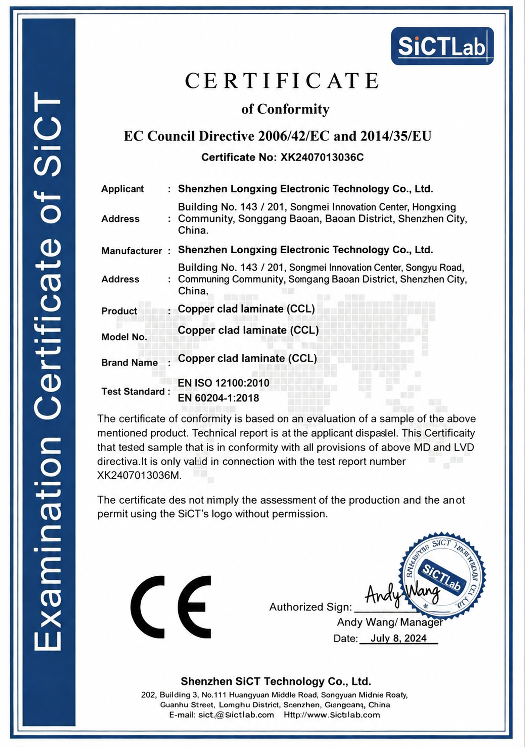 CE Certificate of Conformity for Copper Clad Laminate (CCL)