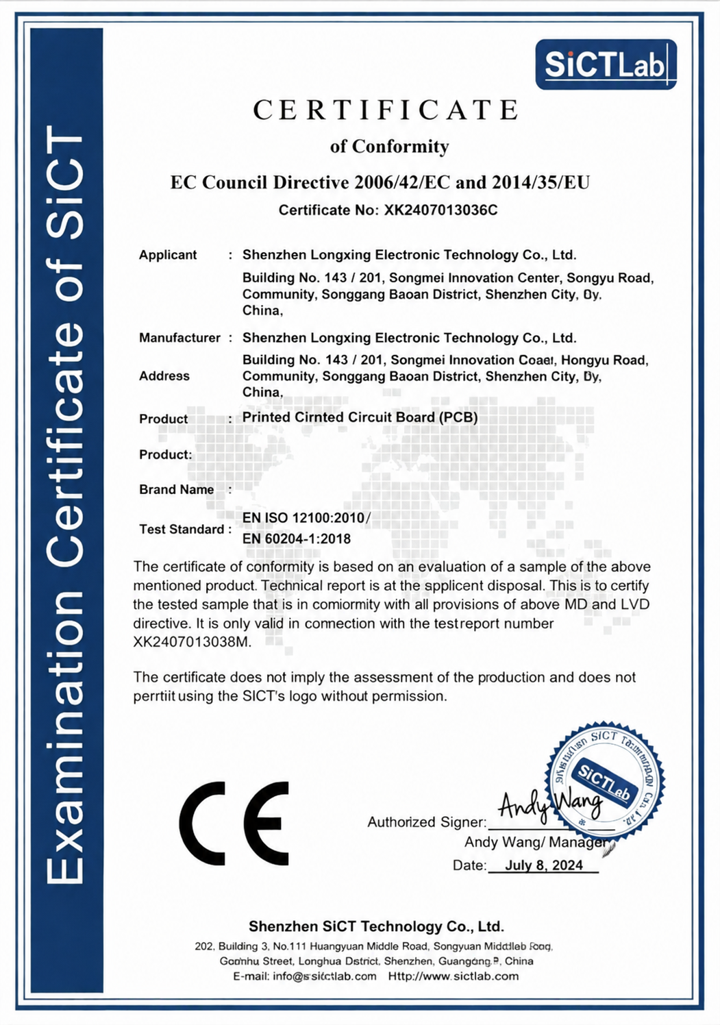 CE Certificate of Conformity for Printed Circuit Board (PCB)